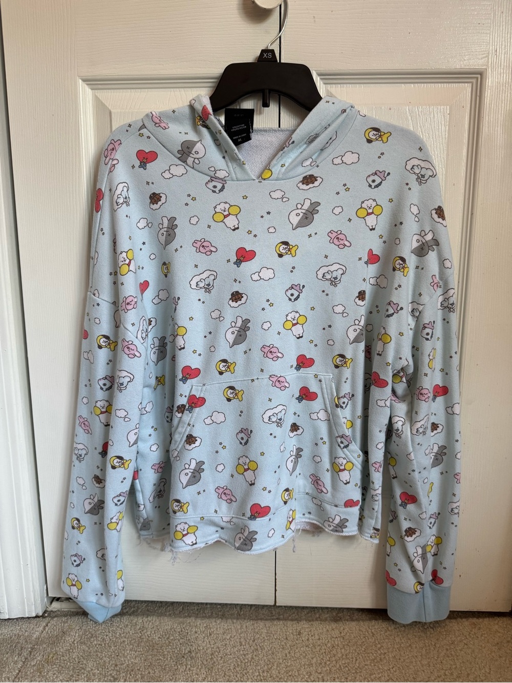 BT21 Light Blue Cozy Hooded Sweater with Distressed Hem